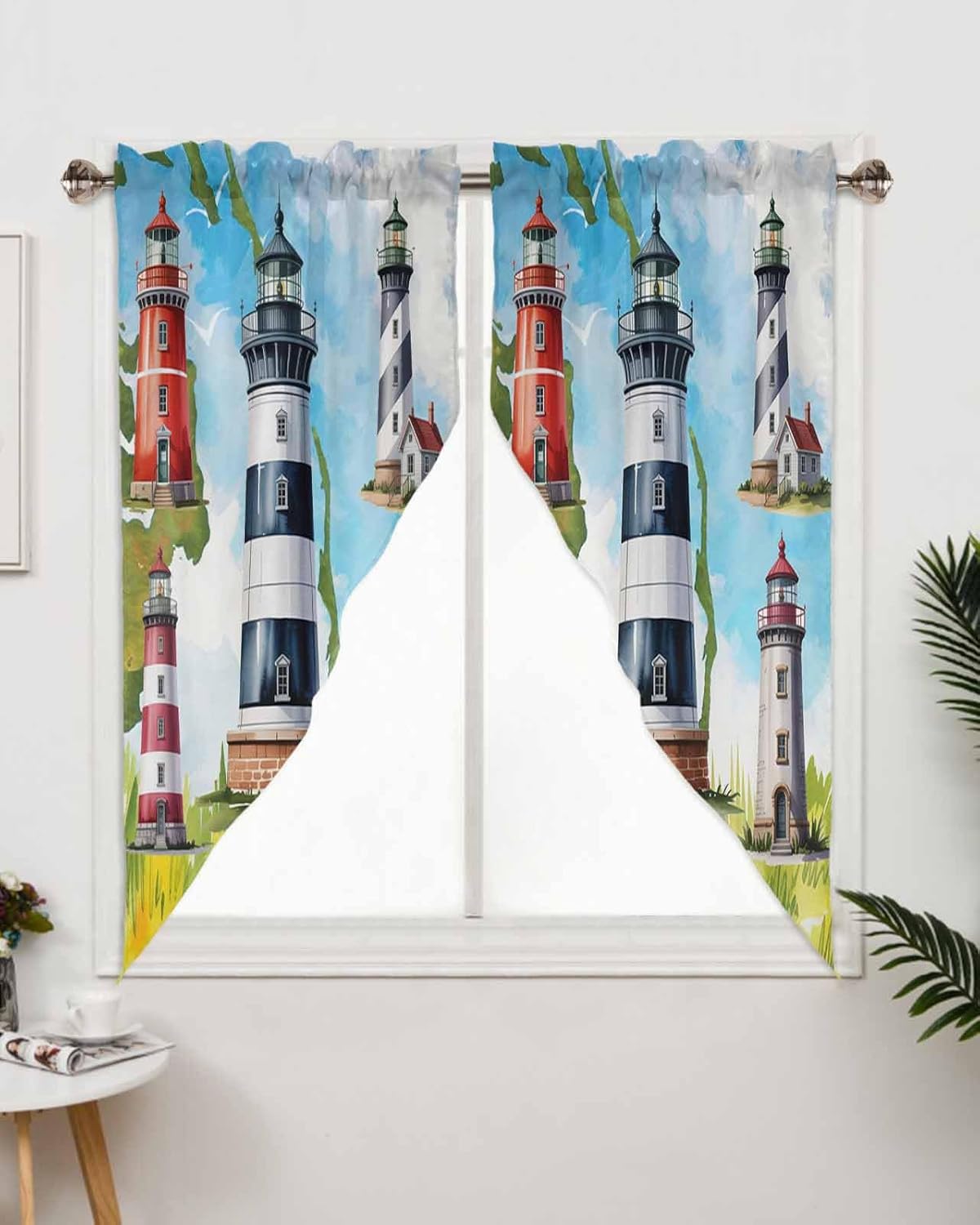 Lighthouse Swag Valances Summer Sky Blue Rod Pocket Kitchen Curtains Window Valances Swag Curtains for Bathroom Over Sink Basement, 1 Pair, 36" W x 45" L
