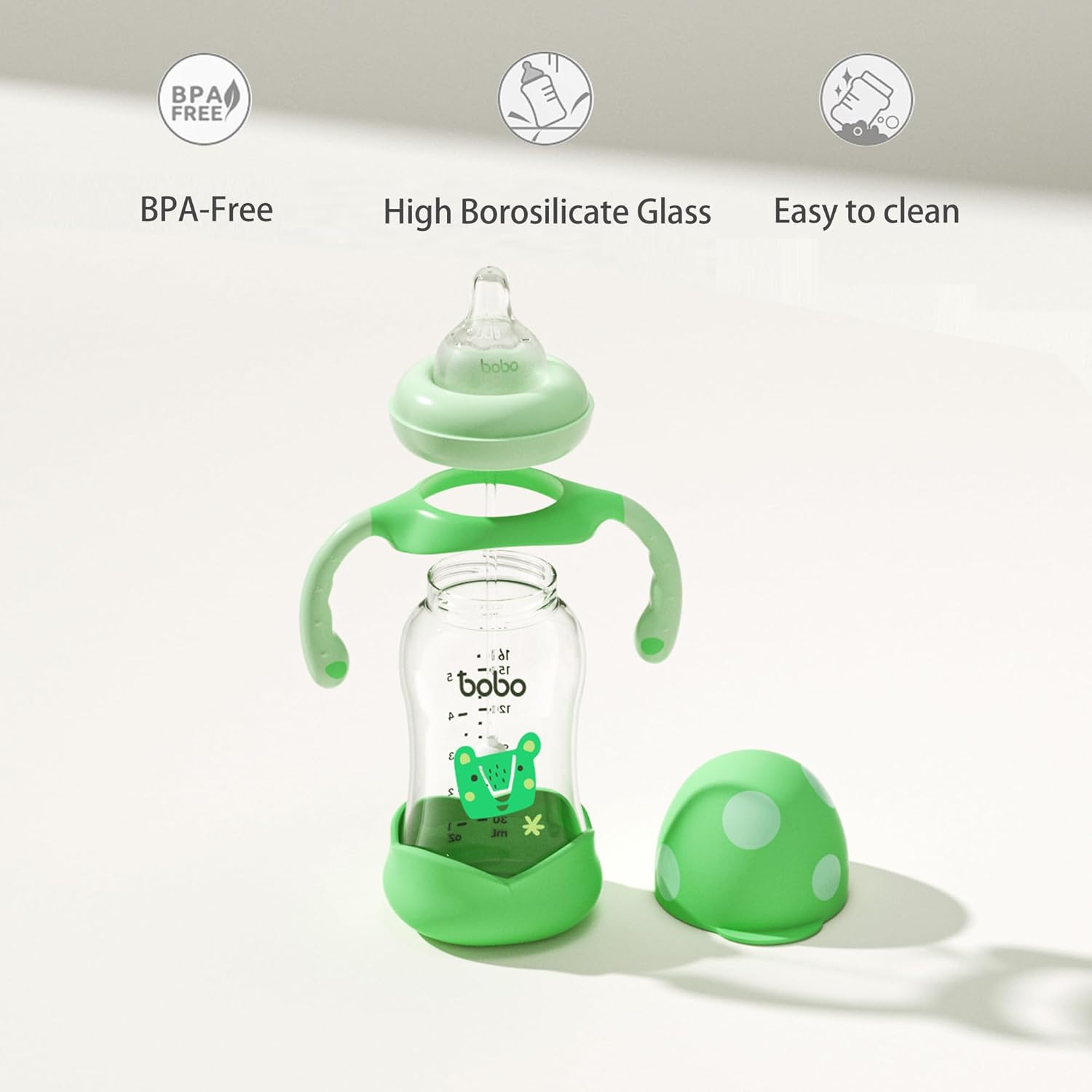 YOHKOH Natural Glass Baby Bottle with Natural Response Nipple, Wide Neck Baby Bottles with Handle, Newborn Anti-Colic Baby Bottles Gift Set, Clear (5.4oz (Pack of 4), Green)