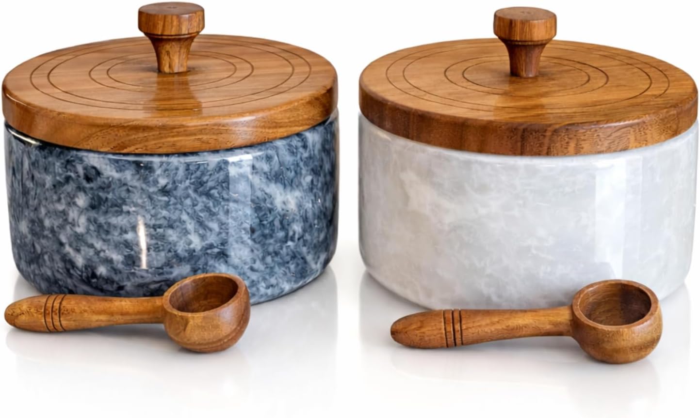 Marble salt and pepper containers with spoon, salt cellars with lid and spoons, salt and pepper holders, salt and pepper cellars, marble salt and pepper bowls with wooden lid - White/Grey