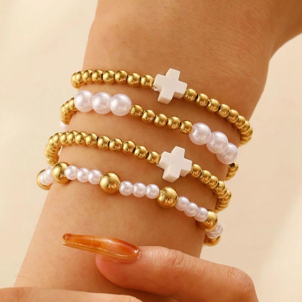 Cross Bracelets for Women Trendy Gold Beaded Stackable Bracelets Dainty Preppy Bracelet Set Simple Pearl Stretch Bracelet Charm Jewelry Gift - Image 3