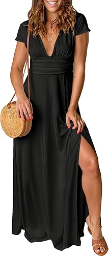 ANRABESS Vestido largo de verano para mujer, cuello en V profundo, manga corta, con abertura, elegante, para invitadas de boda, cóctel, noche, maxi