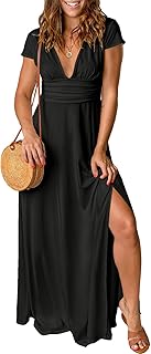 Women Summer Deep V Neck Short Sleeve Dresses Slit Elegant Wedding Guest Formal Cocktail Evening Maxi Long Dress - Buy now
