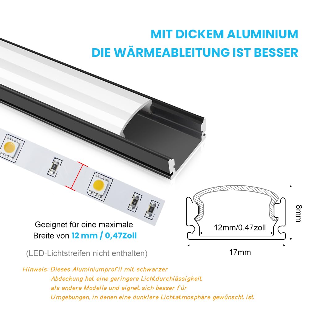 LightingWill Perfil LED de 20 × 1 m, en forma de U, perfil de aluminio en color negro con cubierta blanca leche, tapas finales y clips de montaje, riel LED para tiras LED