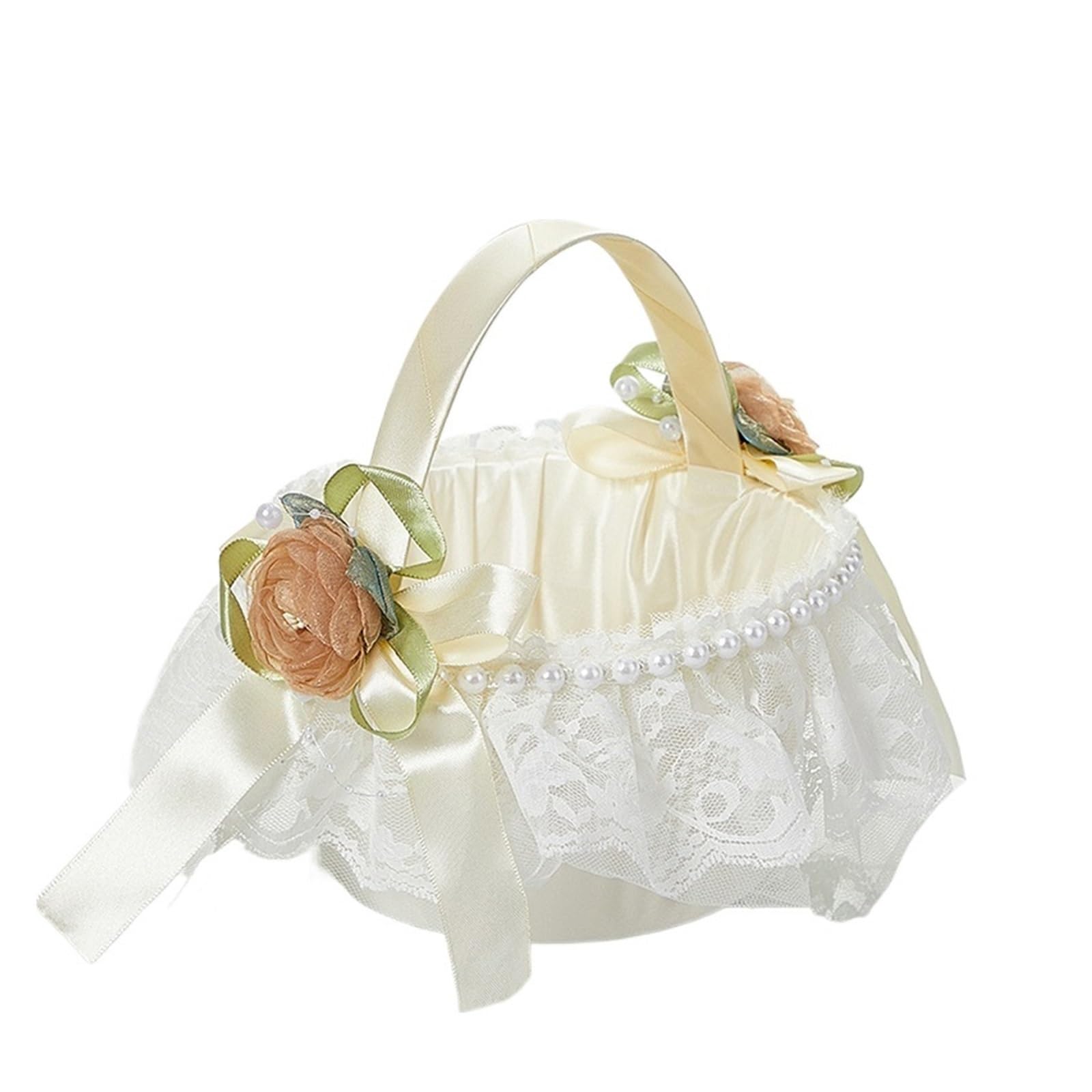 Wedding Petal Confetti Basket, White Lace Rose Pearl Satin Flower Bridesmaid Basket For Wedding Ceremony Church(White1)