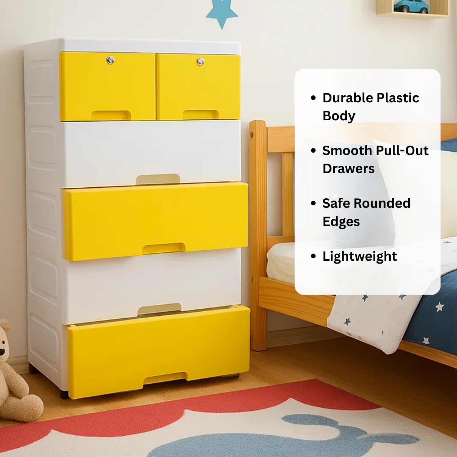 The Tickle Toe 6-Drawer Plastic Chest for Kids | Yellow White Storage Cabinet with Locking Drawers | Multi-Purpose Organizer for Clothes & Toys | 44L x 28.5W x 82H cm 3