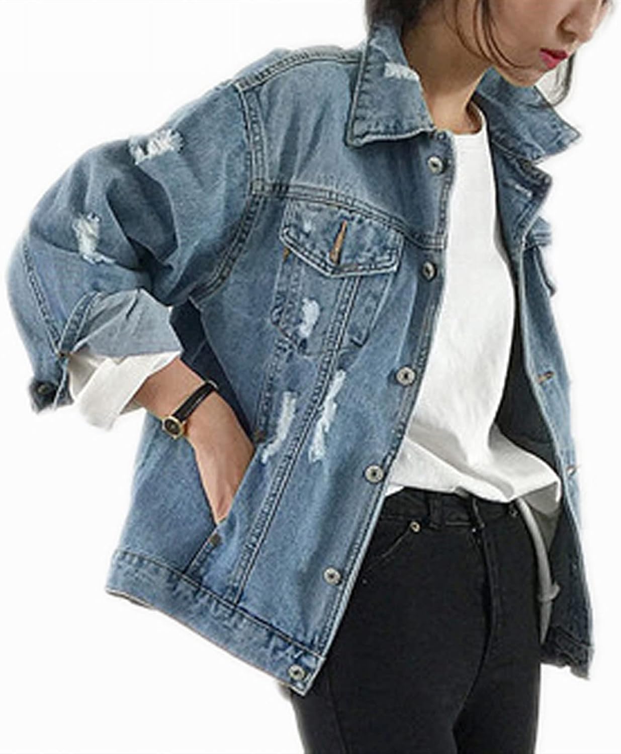 Saukiee Oversized Denim Jacket Distressed Boyfriend Jean Coat Jeans Trucker Jacket for Women Girls - Image 2