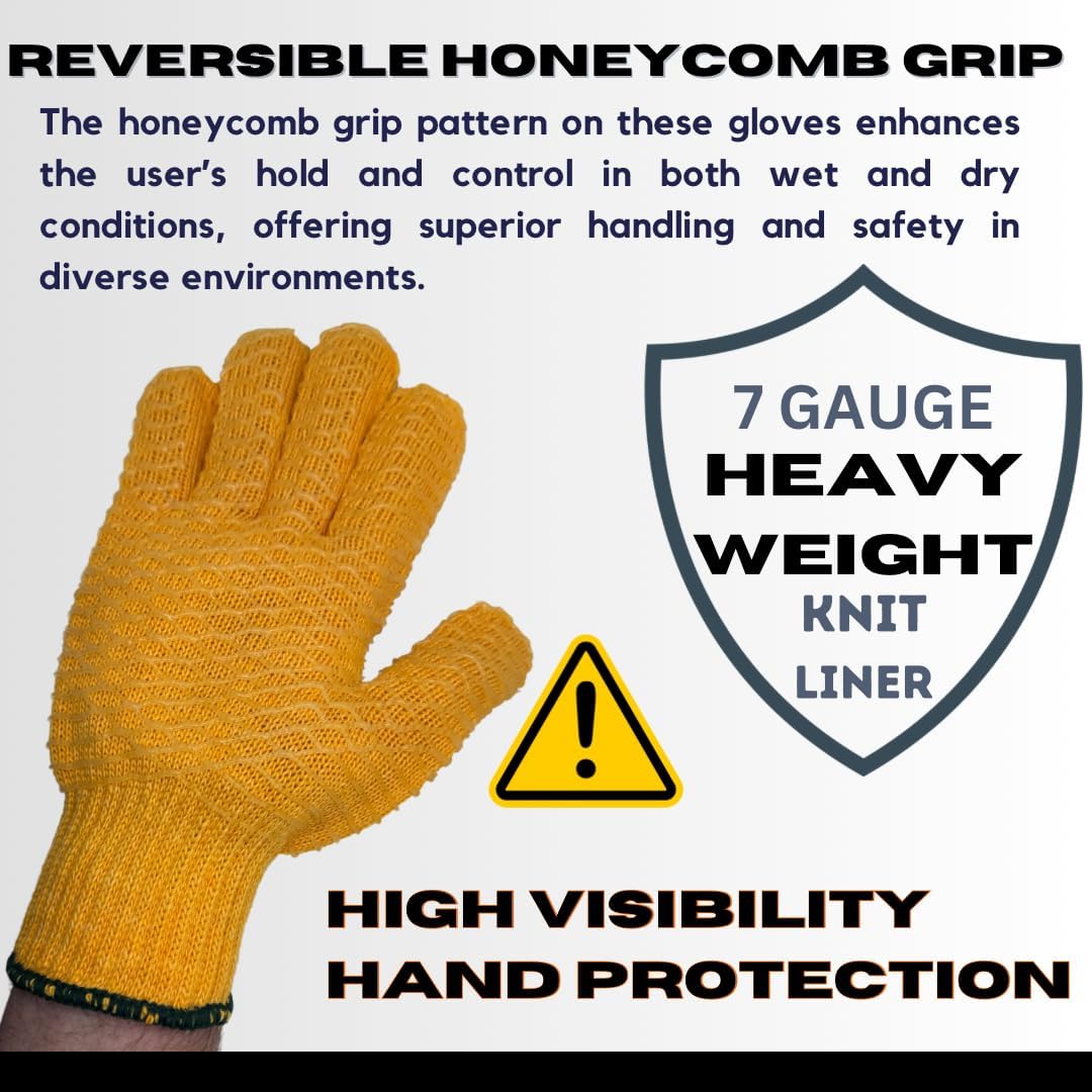 S-0319CC Heavyweight 7 Gauge String Knit Work Gloves with Reversible Honeycomb Grip, High-Visibility Orange Liner (12 Pair)