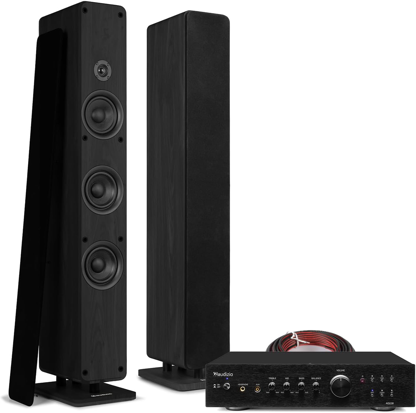 Audizio ARCO Passive HiFi Speaker Pair with Amp, Tower Floor Standing Stereo System with Bluetooth, HiFi Amplifier & Cable Bundle – High-Power Home Audio Solution, Black