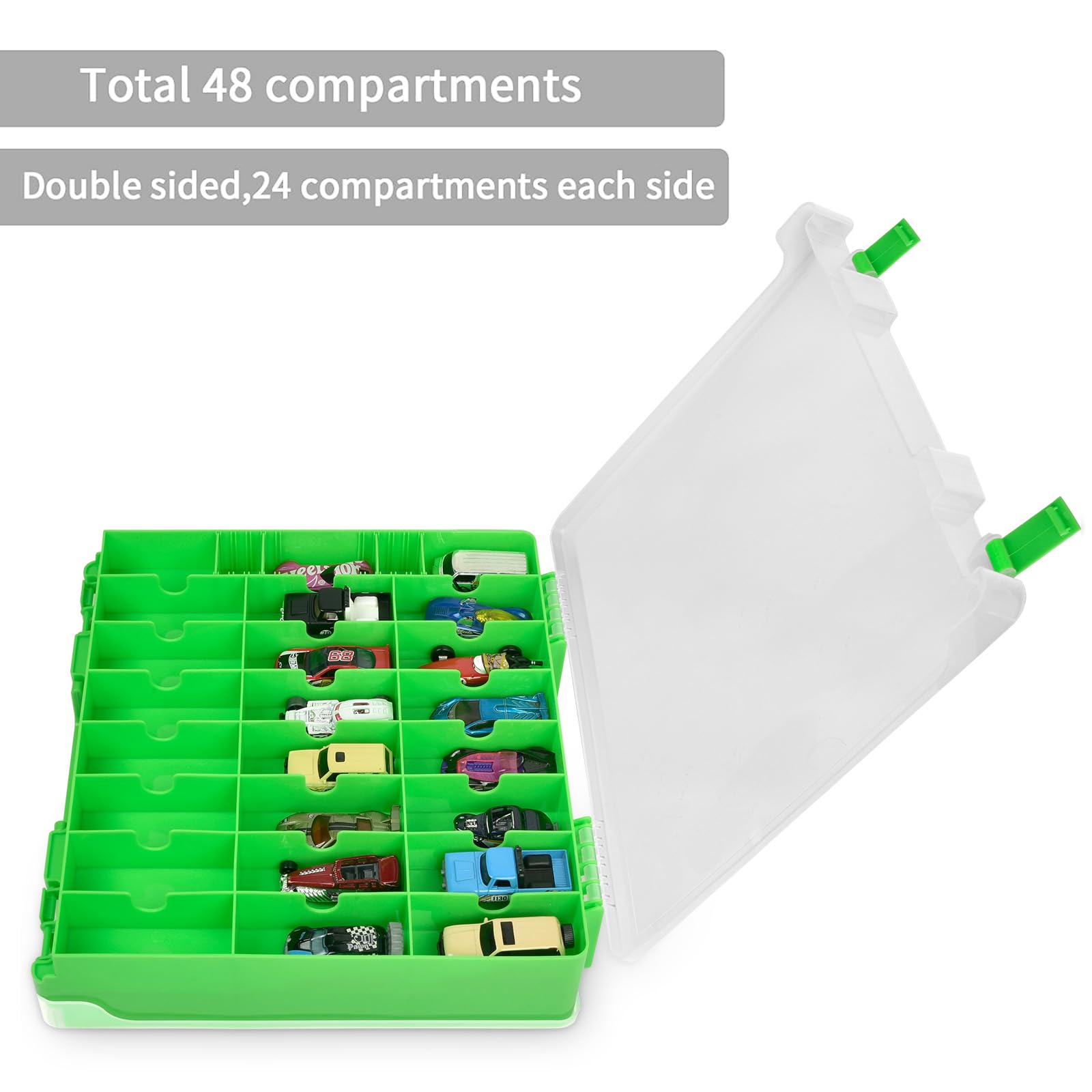 ALCYON Double Sided Toy Storage Organizer Case for Hot Wheels Car, for Matchbox Cars, for Mini Toys, for Small Dolls. Carrying Box Container Carrier with 48 Compartments - Green(Box Only)