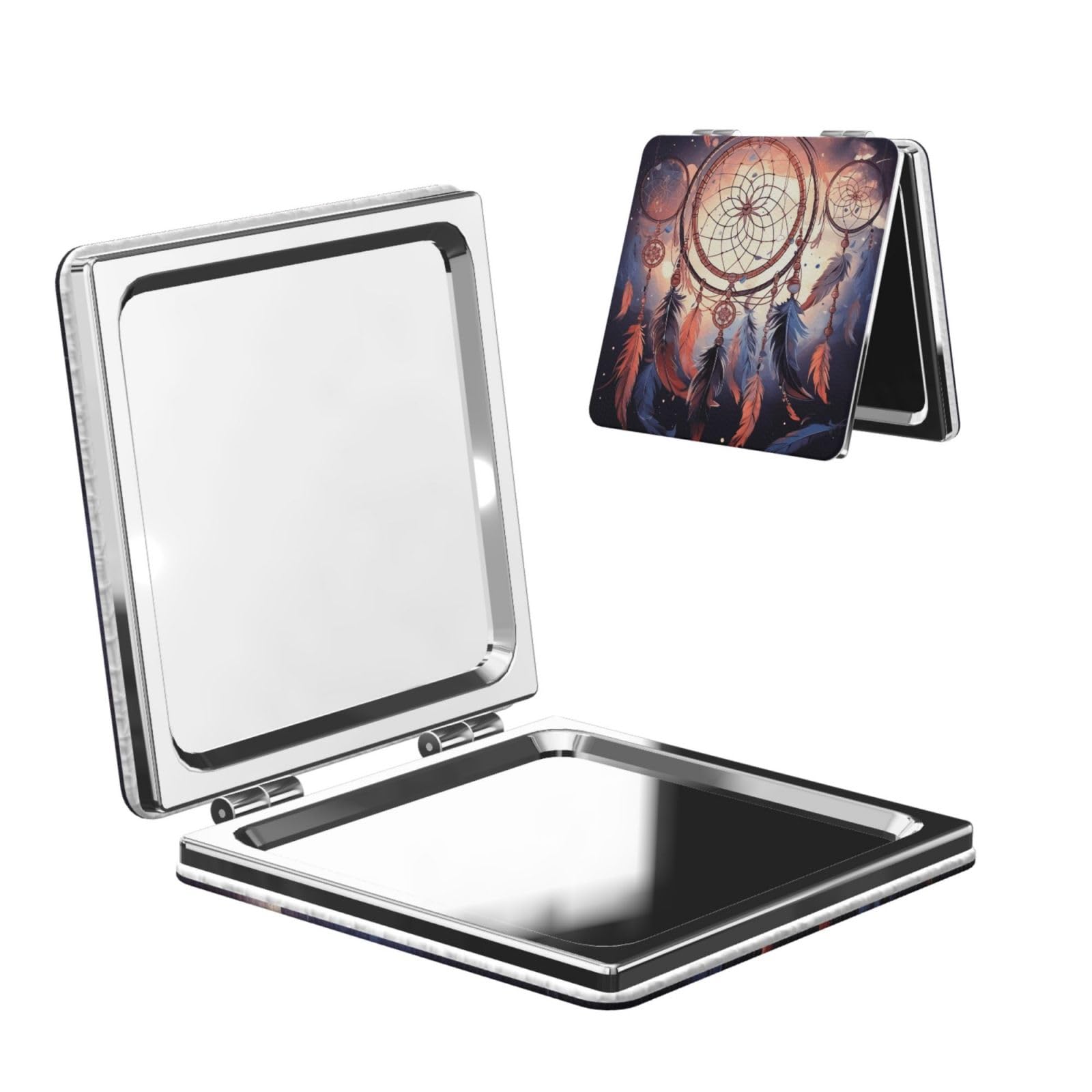 Fodpand Women's Square Native American Dream Catcher Compact Mirror For Purse, 2X/1X Travel Magnifying Mirror For Pu Leather Handheld Makeup Mirror For Girls, Folding Beauty Mirror Portable Pocket Cosmetic Mirror