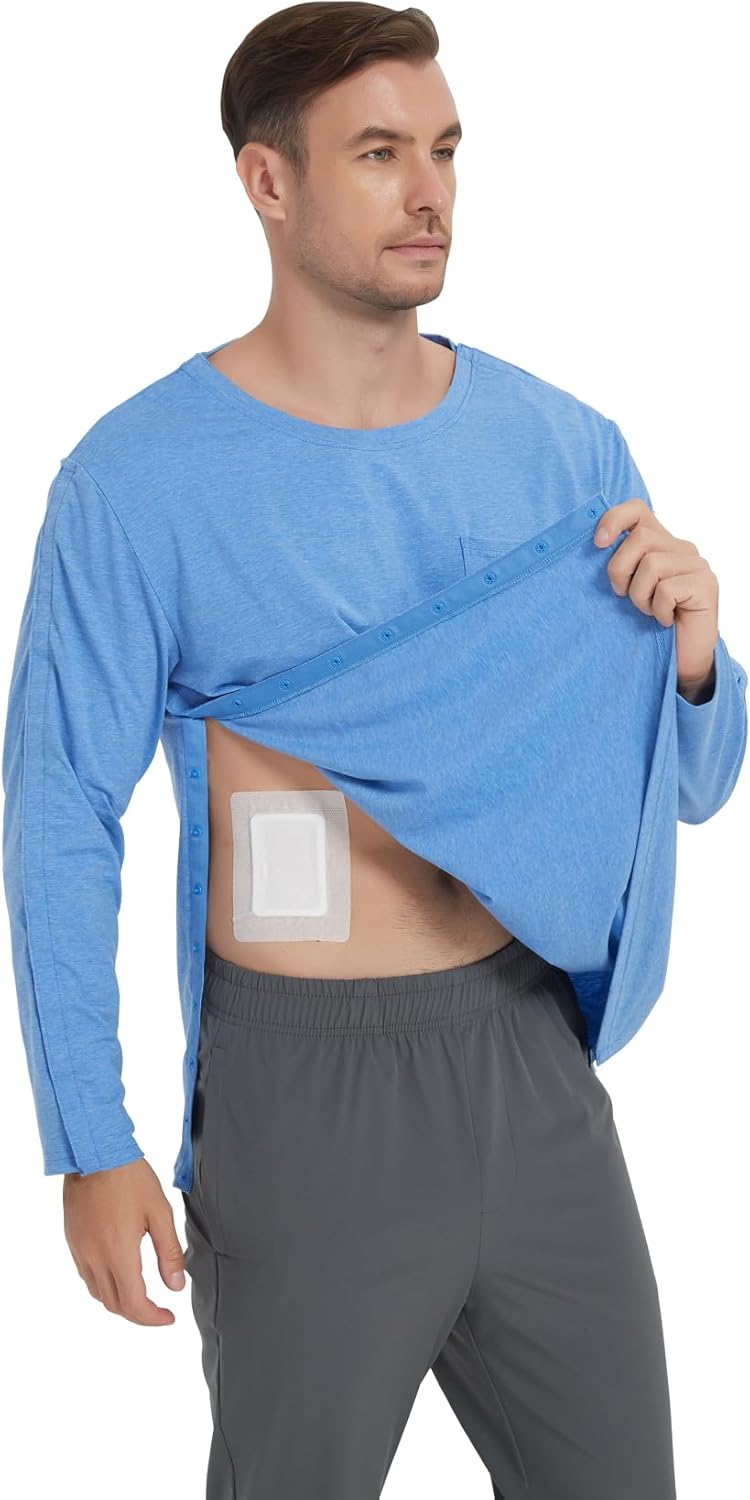 Cotton Men's Post Shoulder Surgery Shirts Clothes After Rotator Cuff Surgery Chemo Port Access Long Sleeve T Shirt with Snaps