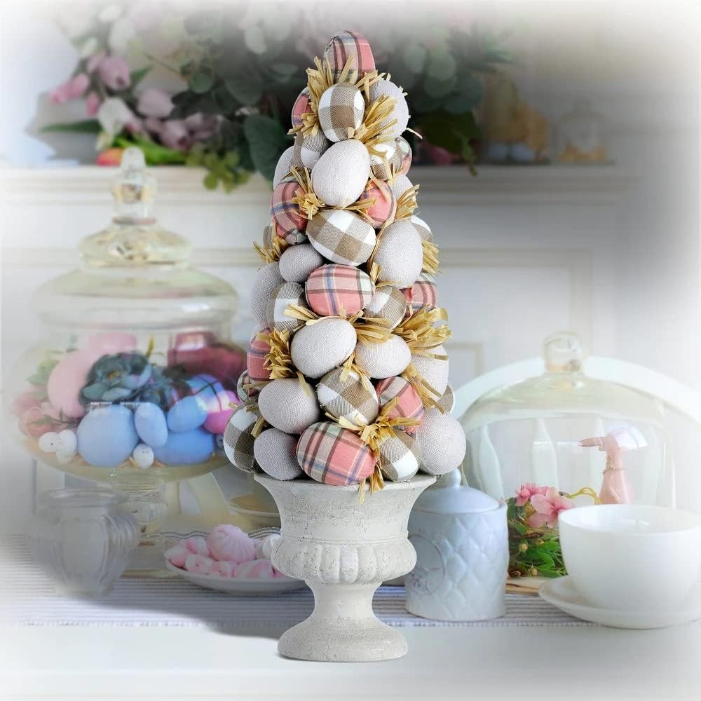 Pretty Plaid Easter Egg Cone Topiary 15" - Natural Pink