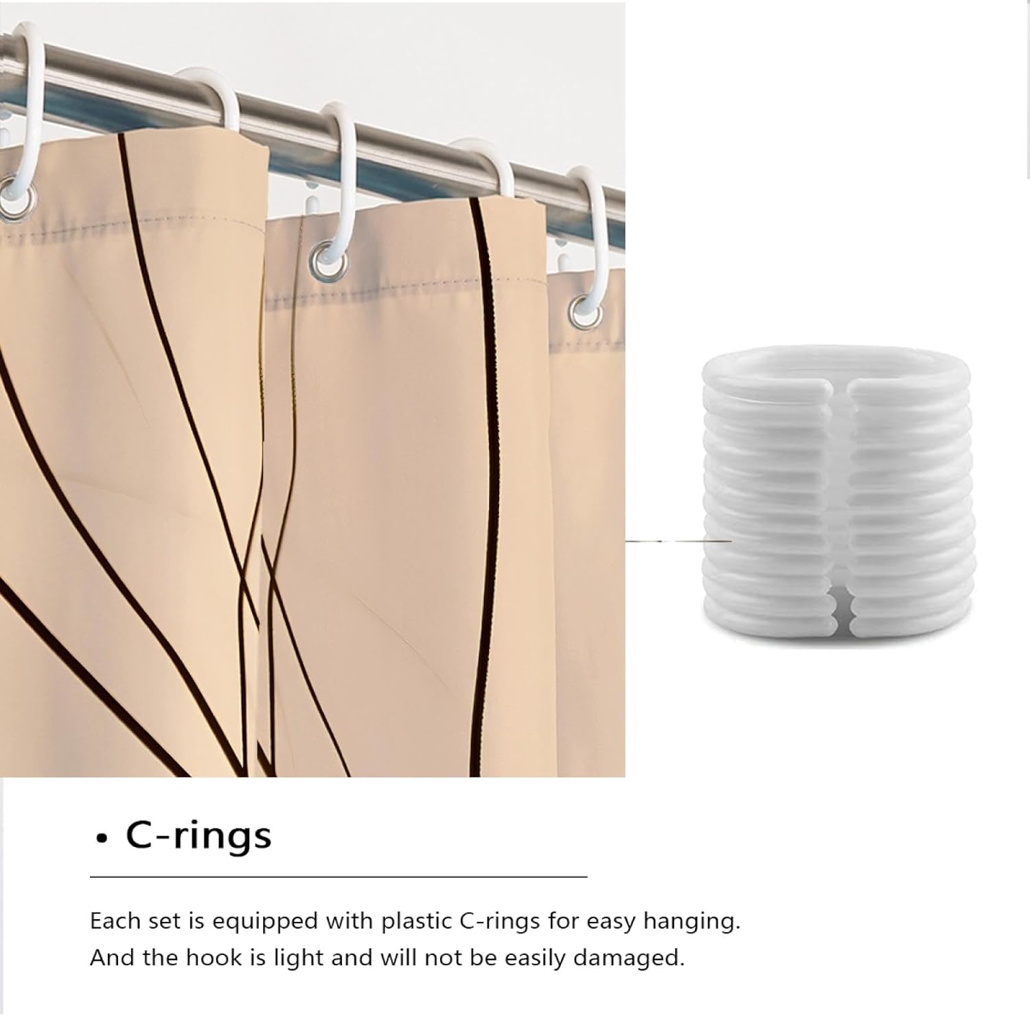 Beige Shower Curtain Liner with Hooks Abstract Black Lines Shower Curtains Water Repellent Machine Washable for Boho Bathroom Decor 60x72