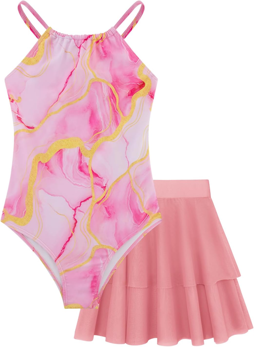 Girls One Piece Swimsuits with Mesh Skirt Tanikini Bathing Suit Swimwear 6-14Y