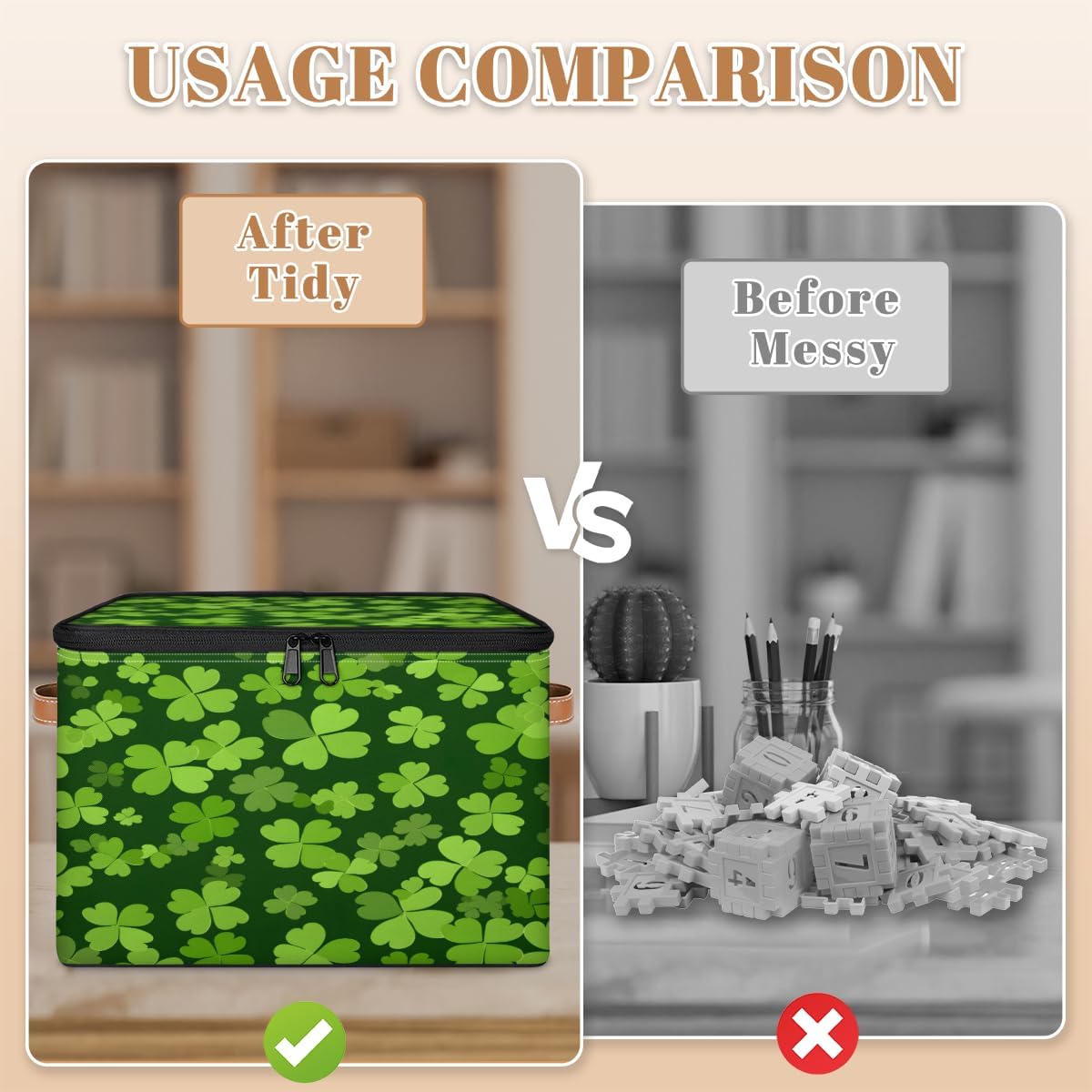 Storage Bin Set of 2 Clover Storage Basket with Zipper Lid & Handle Foldable Closet Shelf 2 Pack Cloth Organizer Basket Cube Bins Clothes Organizer for Bedroom, Nursery