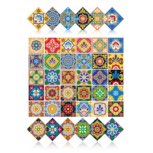 30 Pcs Mexican Talavera Tile Sticker Peel and Stick 4x4 Inch Waterproof Tile Sticker Decals for Kitchen Backsplash Bathroom Wall Stair Riser Easy DIY Home Decor Best Stick on Tile (Color 1)