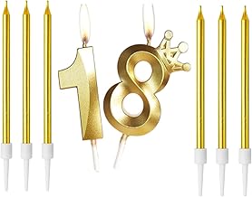 Birthday Candle Set, Metallic Birthday Candle Number 18 with 6 Long Candles, Birthday Candles for Cake for Girls, Boys, Birthday Party Decorations