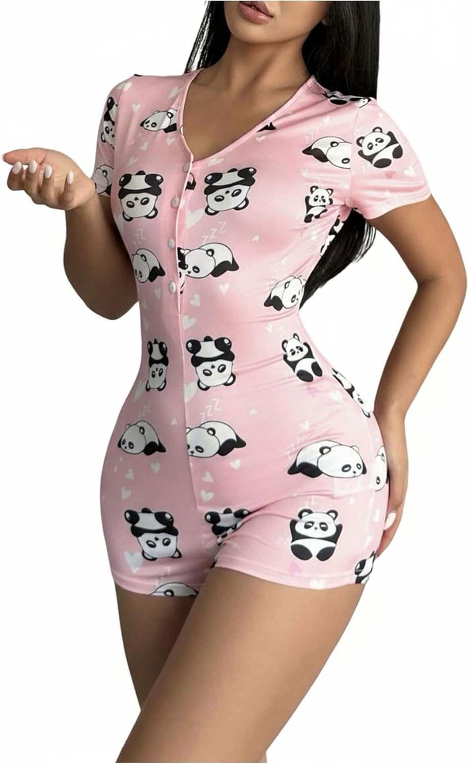 OYOANGLE Women's Cartoon Print Summer Sleepwear V Neck Short Sleeve Overall Button Up Pajama Romper