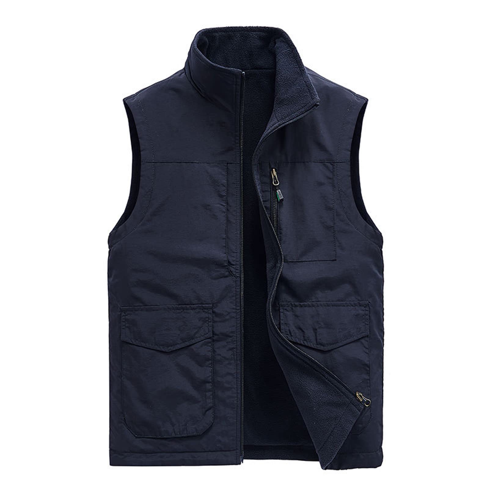 Chaleco de forro polar reversible con múltiples bolsillos para hombre Outwear al aire libre casual con cremallera chaleco de pesca chaqueta reporteros fotografía abrigo de viaje azul-4XL