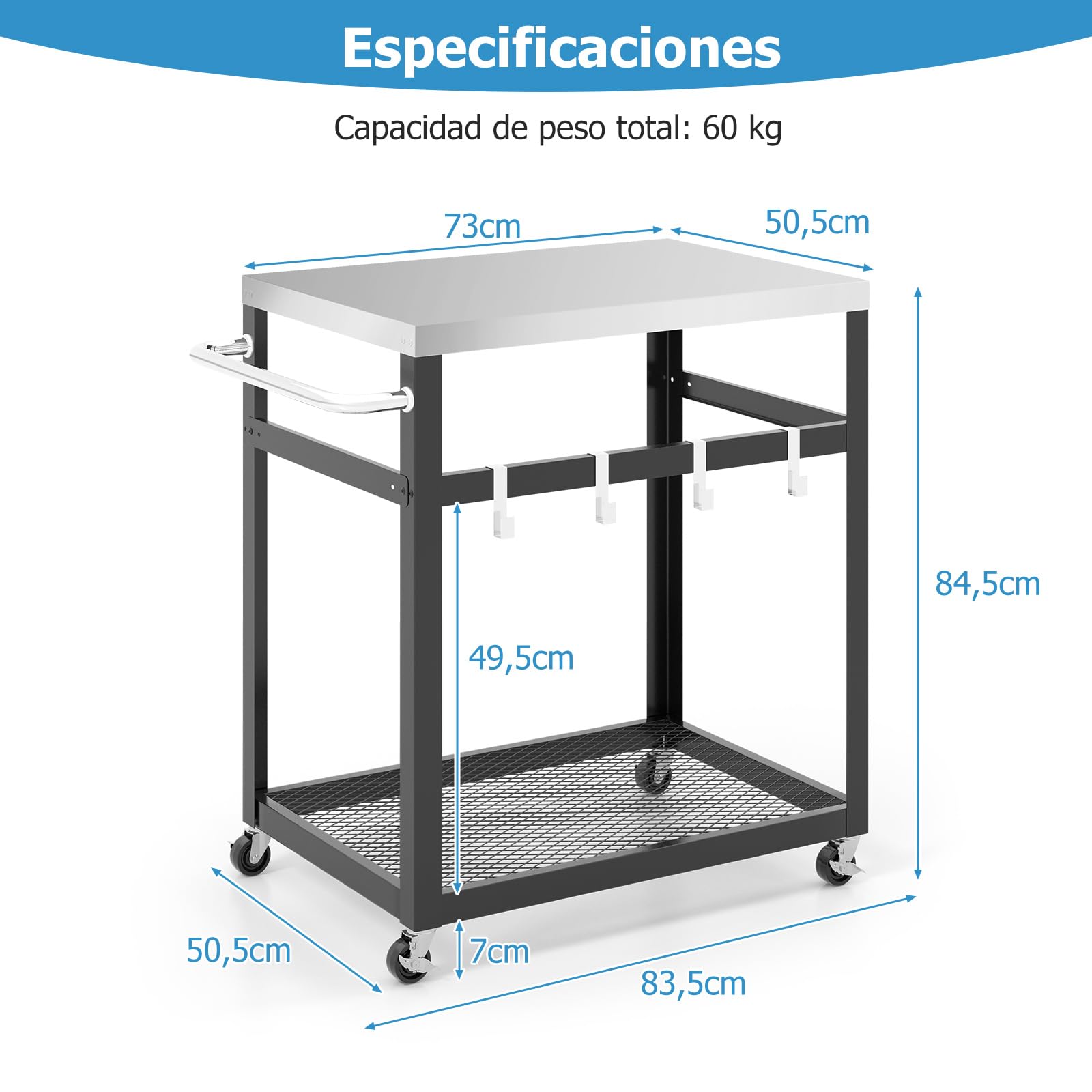 COSTWAY Carro de Servicio de Acero Inoxidable, Carro para Parrilla con Ruedas y Asa, Carro con 4 Ganchos para Bar de Casa, Cocina, Comedor 83,5 x 50,5 x 84,5 cm
