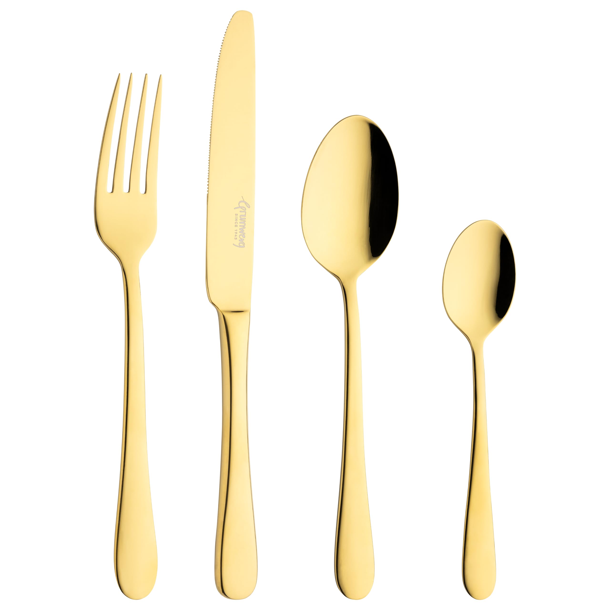 Grunwerg Windsor 16 Piece Cutlery Set, Gold, 18/10 Stainless Steel, PVD Coating, 4 x Table Knives, Table Forks, Dessert Spoons, Teaspoons
