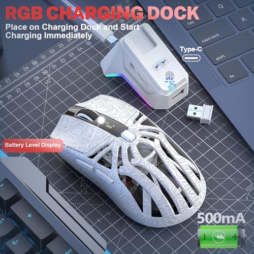 Image of RGB Magnetic Charging Dock Gaming Mouse, 12K DPI, PAW3311 Sensor, Tri-Mode Wireless, 6 Programmable Buttons, Ultra-Light 72g for PC /Mac (White)