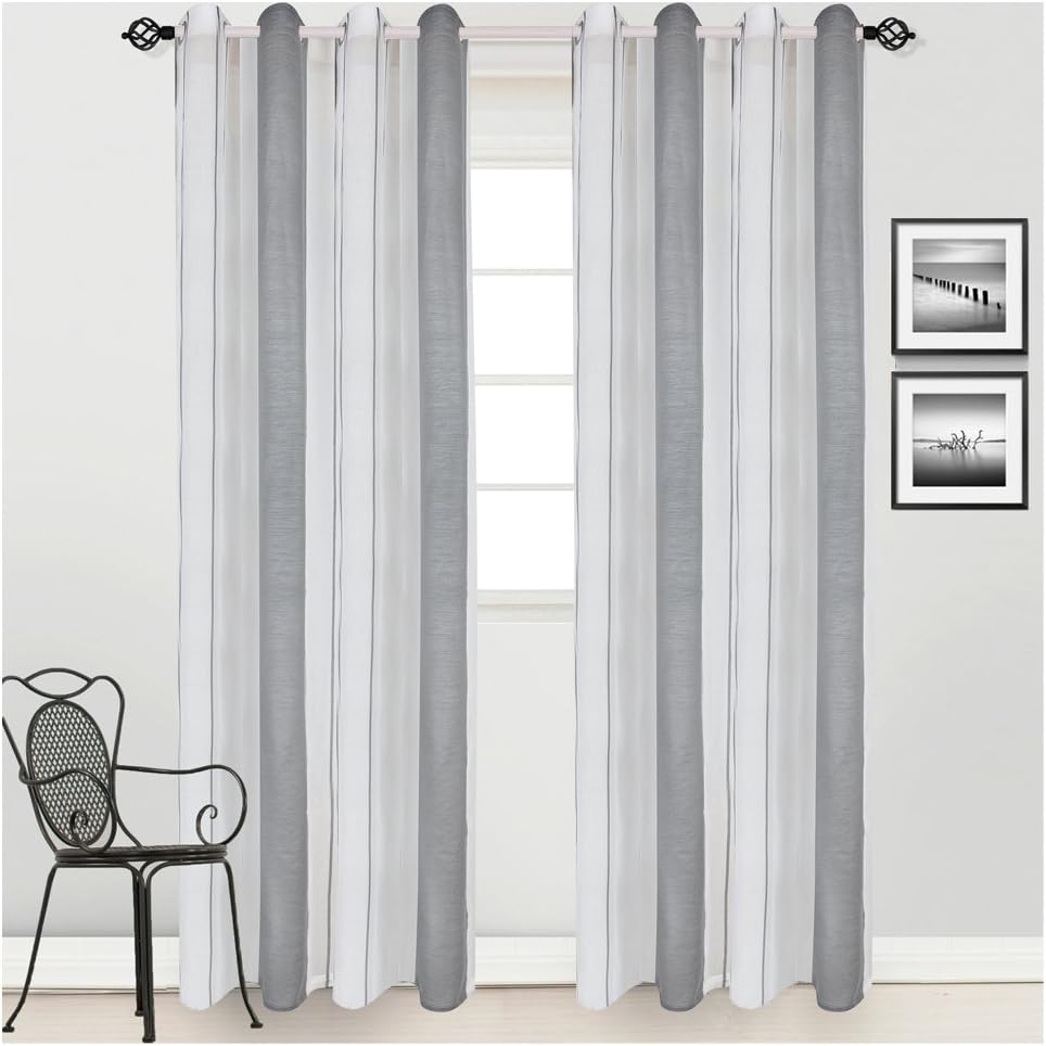 HOMTOD Grey Stripe White Sheer Voile Curtain Panel Window Eyelet Curtains Single Panel