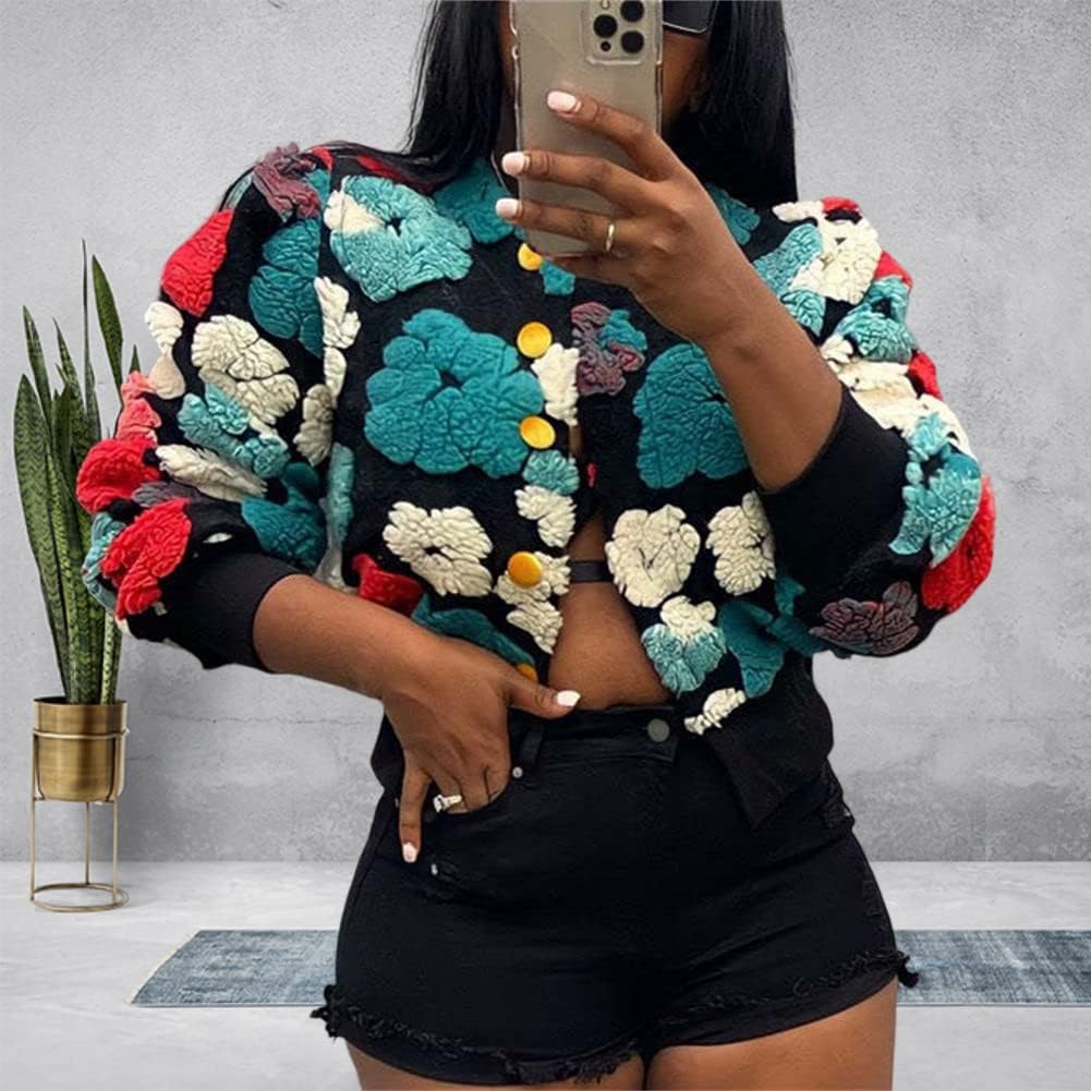 HOULENGS Women's Cropped Floral Print Fleece Bomber Jacket Casual Puff Sleeve Button Down Coats Winter Warm Outerwears - Image 4