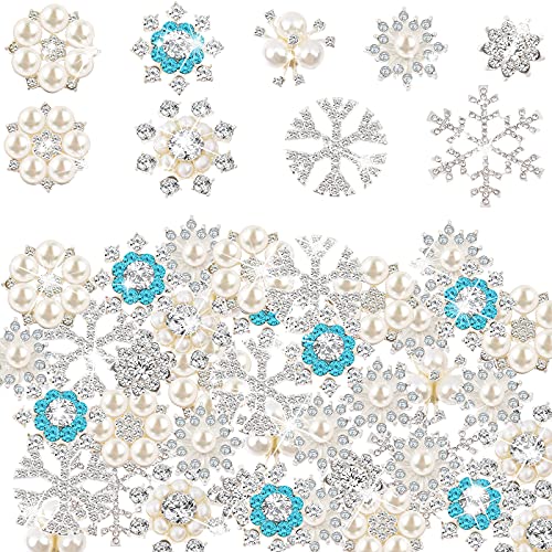 60Pcs Snowflake Rhinestone Christmas Pearl Rhinestone Buttons Faux Pearl Embellishments Snowflake Brooch Alloy Floral Pendants Decorative Flatback Charm For Jewelry Making Crafts Clothes Bags Shoes #TOP4