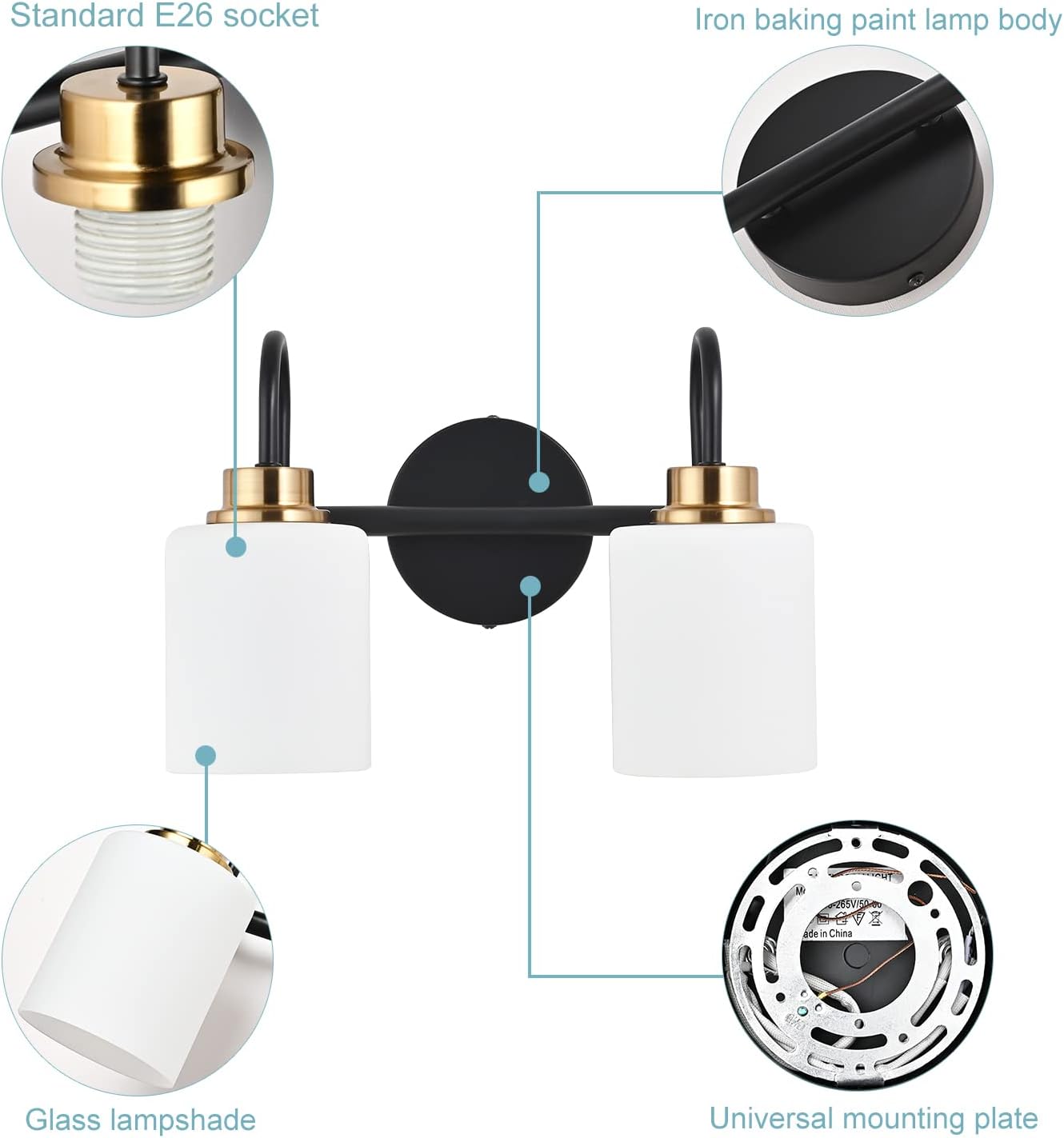 Modern Matte Black and Gold Bathroom Vanity Light Fixtures 2 Lights Milky Glass Wall Sconce Light Modern Vanity Lights Over Mirror(Exclude E26 Bulb)