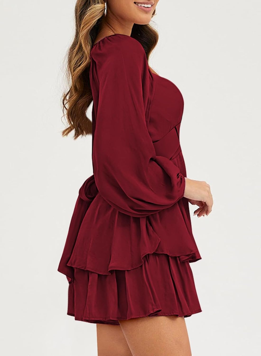 Fixmatti Women off Shoulder Rompers Lantern Long Sleeve Ruffle Tie Mini Shorts Jumpsuit - Image 6