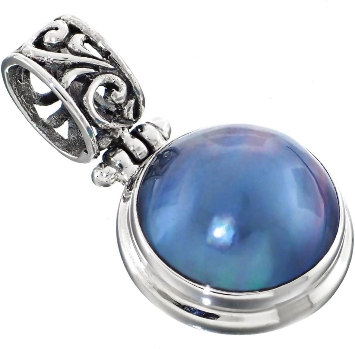 Blue Mabe Cultured Pearl Scroll Filigree Bail 925 Sterling Silver Pendant, 1 3/16"