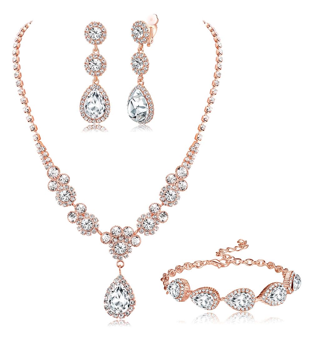 JstyleRhinestone Bridal Jewelry Set Necklace Bracelet Clip On Earrings for Brides Bridesmaid Cluster Crystal Teardrop Pendants Jewelry Set for Wedding Prom
