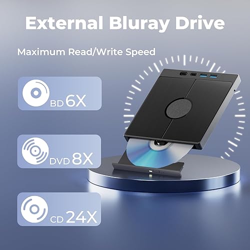 Miniatura 3 de Unidad Blu-ray externa 7 en 1, compatible con quemador Bluray externo de 100 G, Blueray/DVD externa para PC con puertos de tarjeta USB