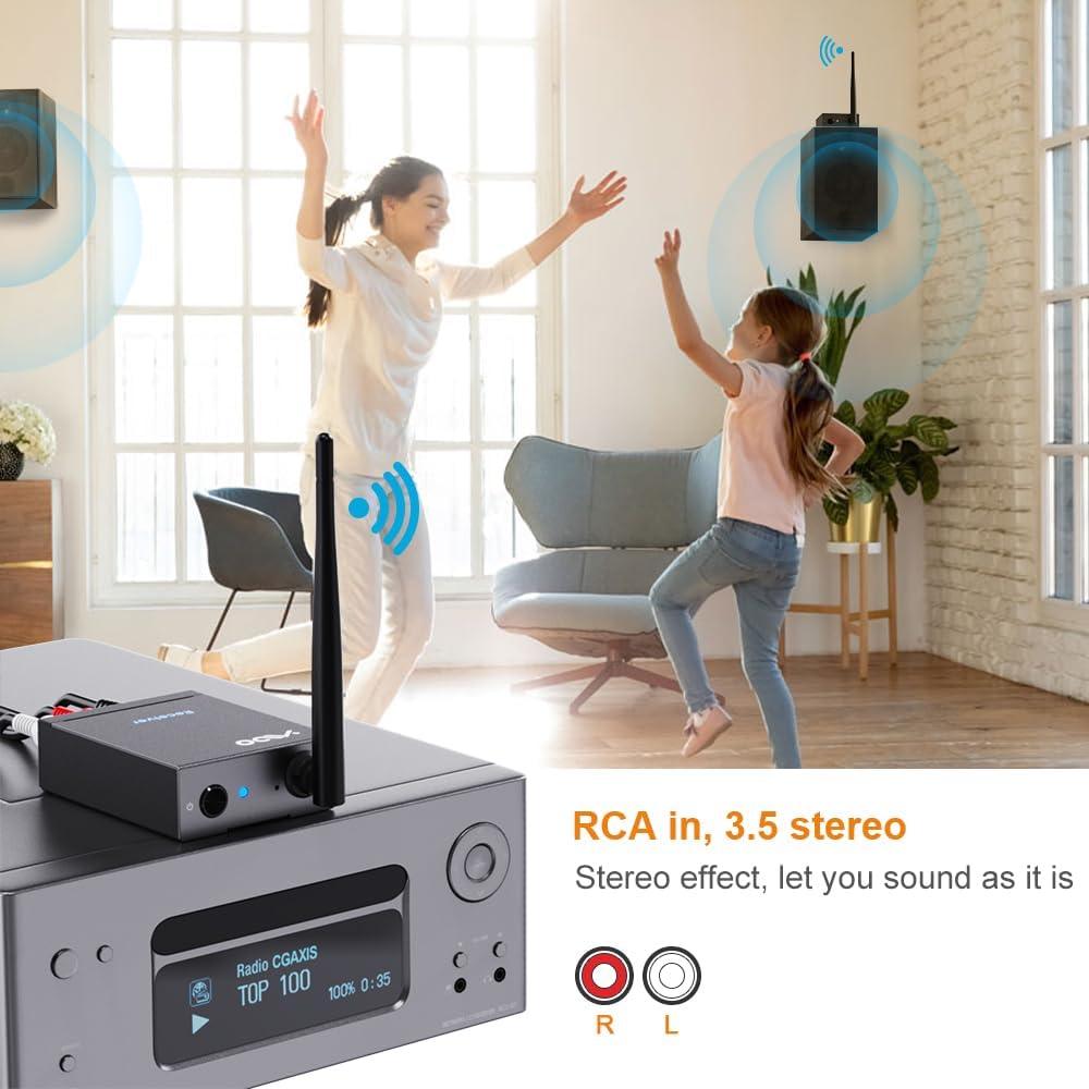 YMOO 2.4GHz Wireless Audio Transmitter Receiver (1 TX+1 RX), 20ms Ultra Low Latency HiFi Audio, 320ft Long Range RCA Jack Adapter for Powered Speaker/Soundbar to TV/PC/CD Player/Computer/Projector