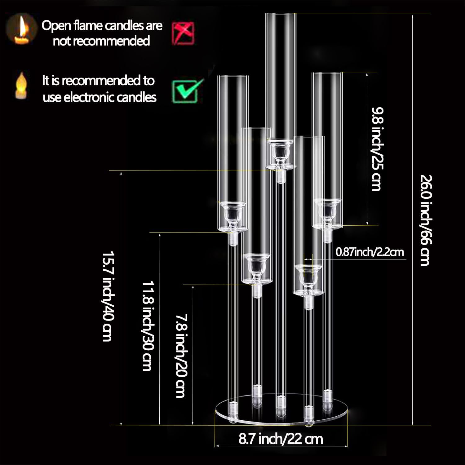 4pcs 5 Arm Acrylic Candelabra Centerpieces for Wedding,Clear Candlestick Holder Table Centerpieces for Party Birthday Dinner Event Fireplace Decortion Fit 0.87 led Candle