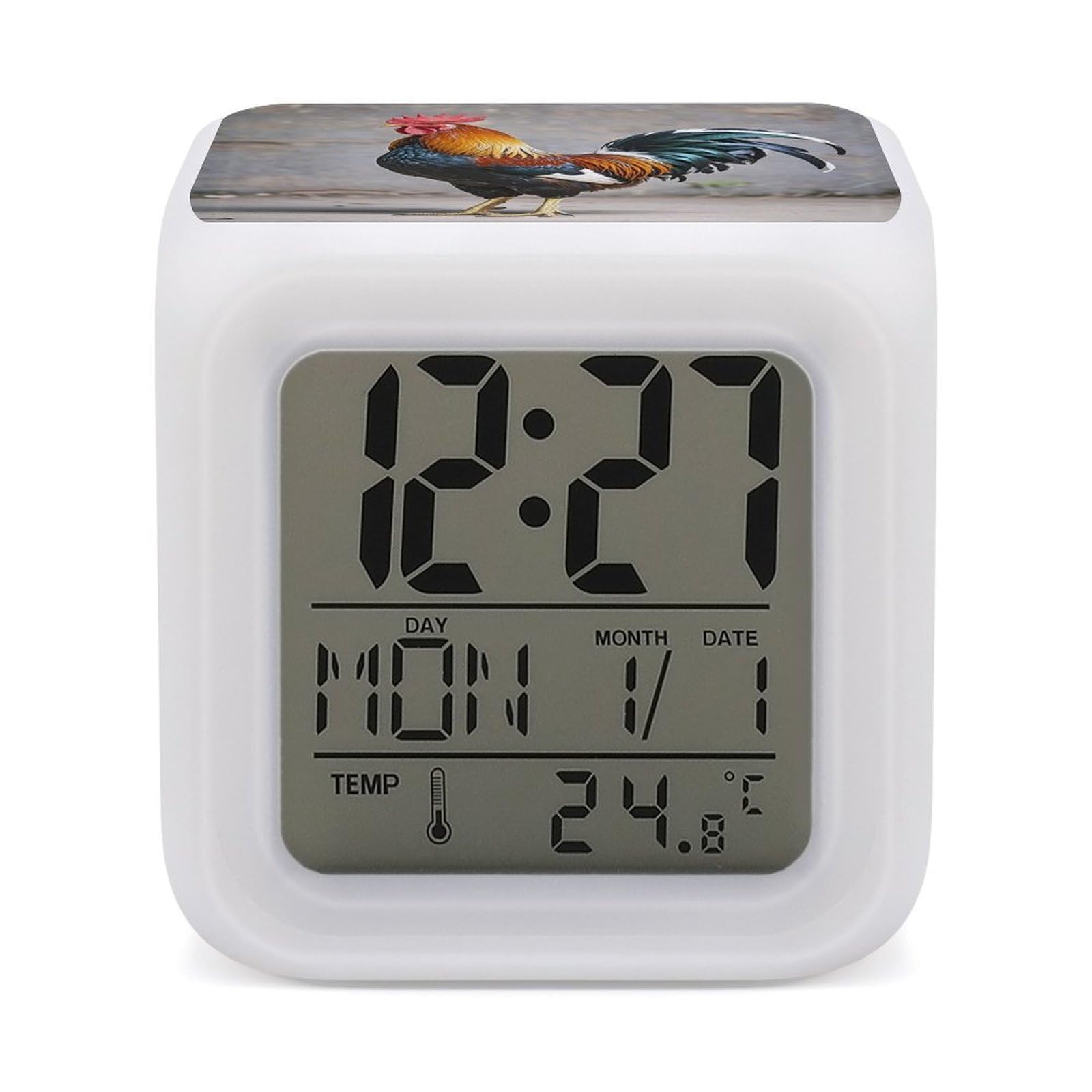 FekiLoot Rooster Alarm Clock, Personalized Cube LED Wake Up Clock with Temperature Display, 7 Color Changing Night Light Digital Clocks for Bedroom Office Decor & Heavy Sleepers