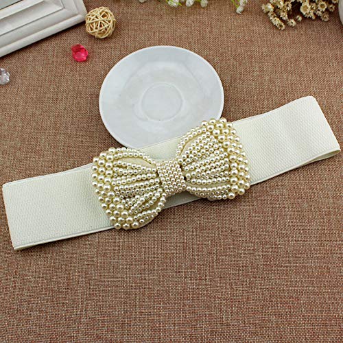 Elastic Pearl Bow Wide Belt for Women, Fashion Stretch Waist Belt Decorative Bowknot Ladies Belt for Dresses Skirts Party Wedding2