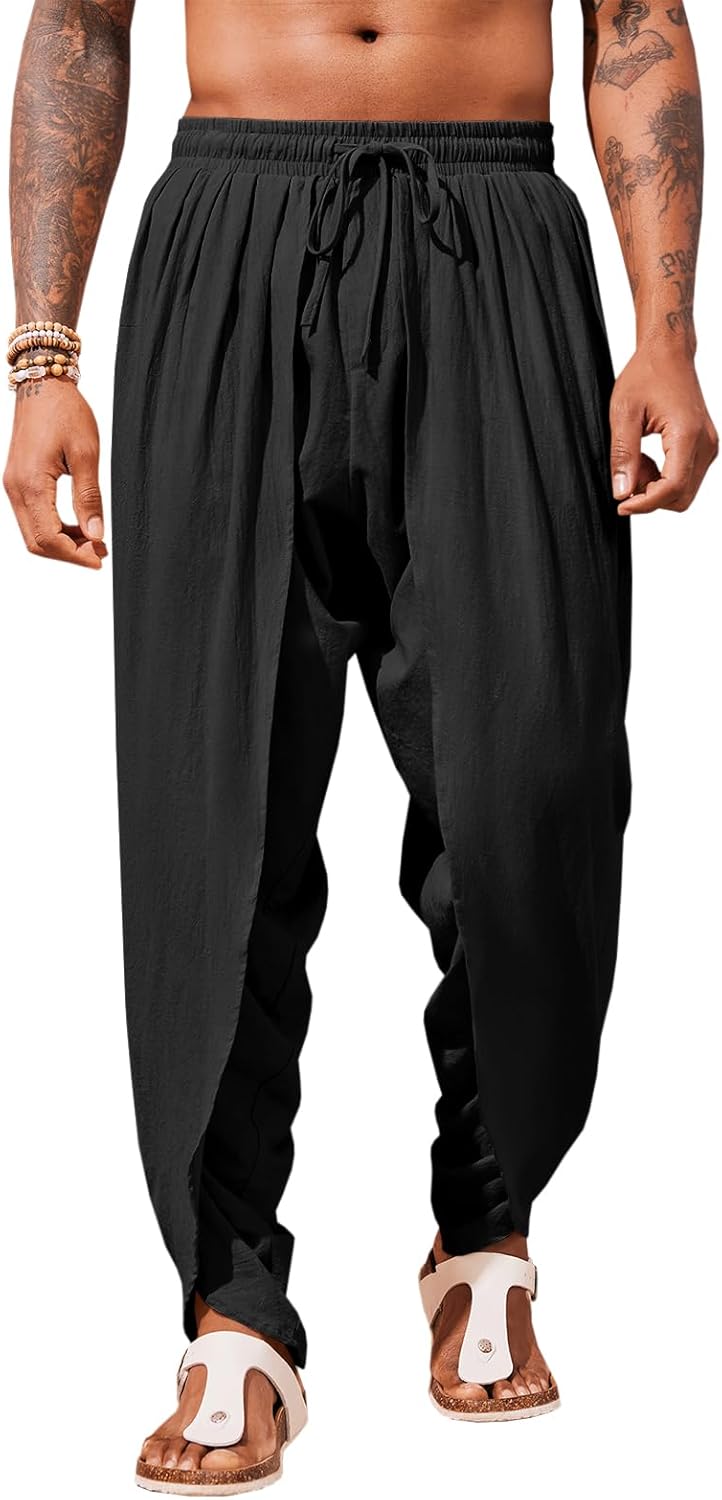 Runcati Mens Linen Harem Pants Casual Elastic Waist Pants Baggy Boho Yoga Hippie Summer Beach Kurta Dhoti Trousers