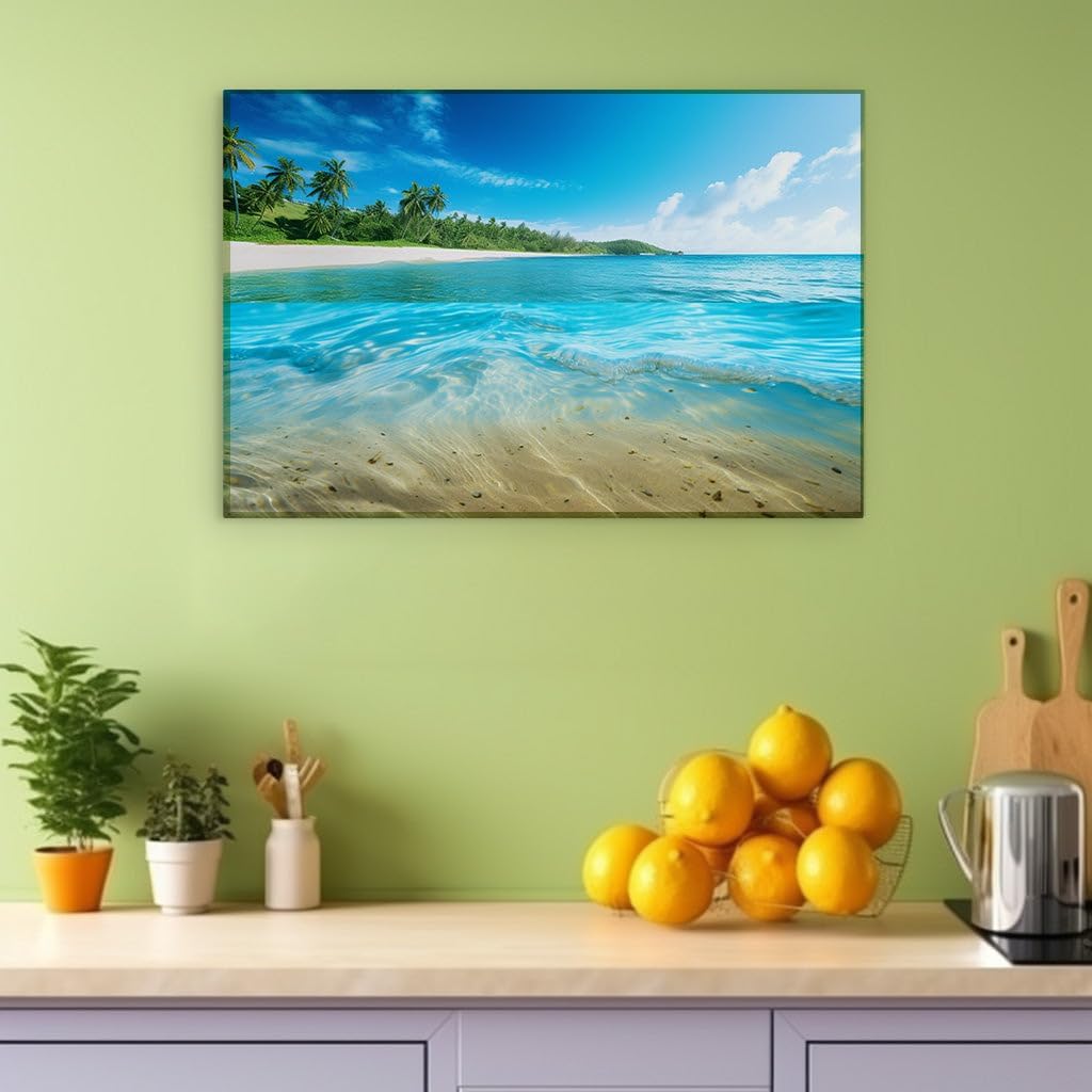 Canvas for Living room. Serenity by the Shore � A Mesmerizing Blend of Blue Seas, Pristine Sands, and Lush Palms, 27 x 18 inch Canvas Wall Art - Ready to Hang - 69x46 cm (27x18 inch)