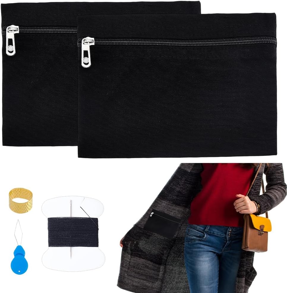 NBEADS 2 Sets Sew-in Side Pocket with Zipper, Zipper Coat Inside Pocket kit with Sewing Thread and Needles Travel Security Pocket Hidden Wallet for Jacket Sweatshirt, 6.3x5.66x0.16inch, White