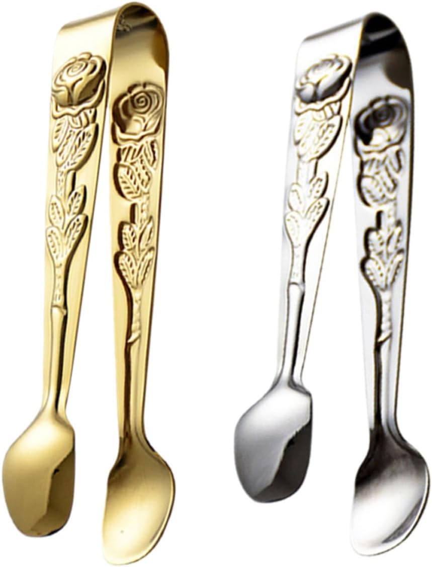 2pcs Stainless Steel Ice Clips with Embossed Rose Flower Handle, Heat-resistant Mini Food Tongs for Cookies and Candy, Easy to Clean Small Kitchen Food Clips