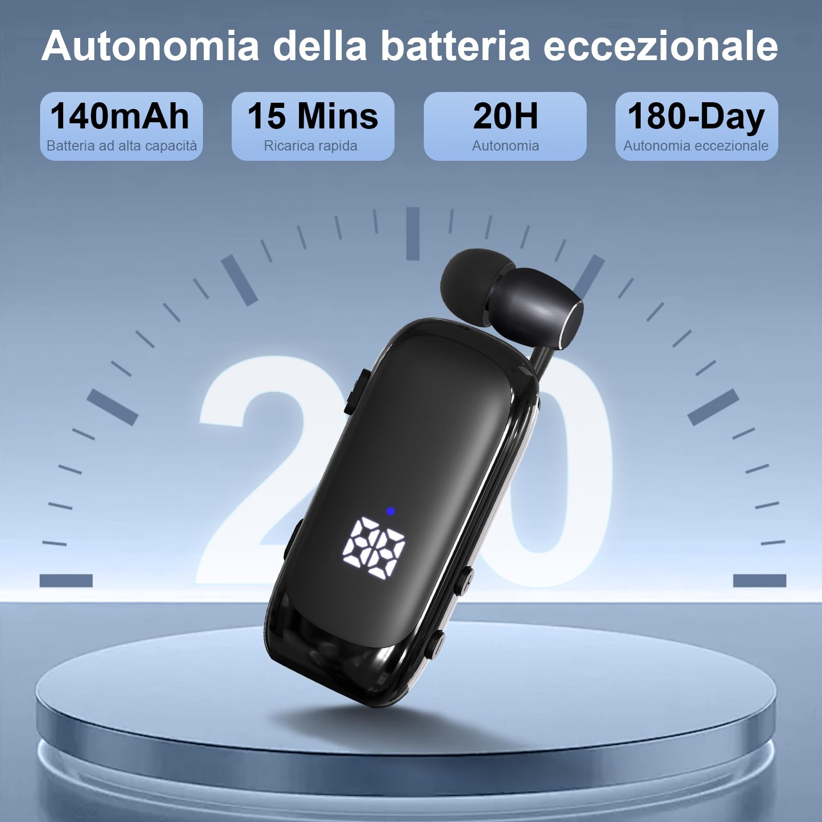 esonstyle Auricolare Bluetooth Mono In-Ear con Clip e Filo Retrattile | Batteria da 20 Ore e Microfono con Cancellazione del Rumore per Chiamate Nitide. Perfetto per Sport, Ufficio e Guida