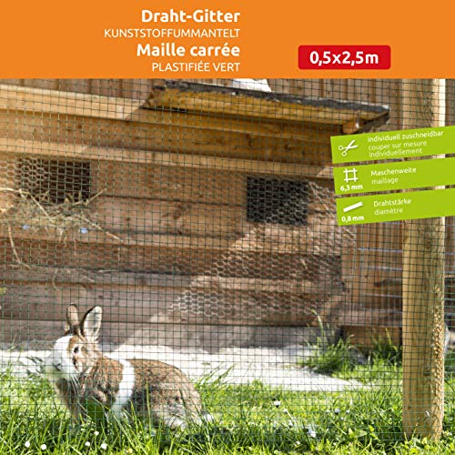Windhager Drahtgitter kunststoffummantelt, Wühlmausschutz für Hochbeet, für Volieren, als Gehege für Kleintiere, Grün, Maschenweite 6,3 mm, 2,5 x 0,5 m x 0,9 mm