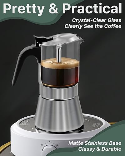 Miniatura 9 de Grasseed Olla moka con tapa de cristal, acero inoxidable cepillado, cafetera espresso para café italiano, 4 tazas5.4 fl oz5.6 onzas