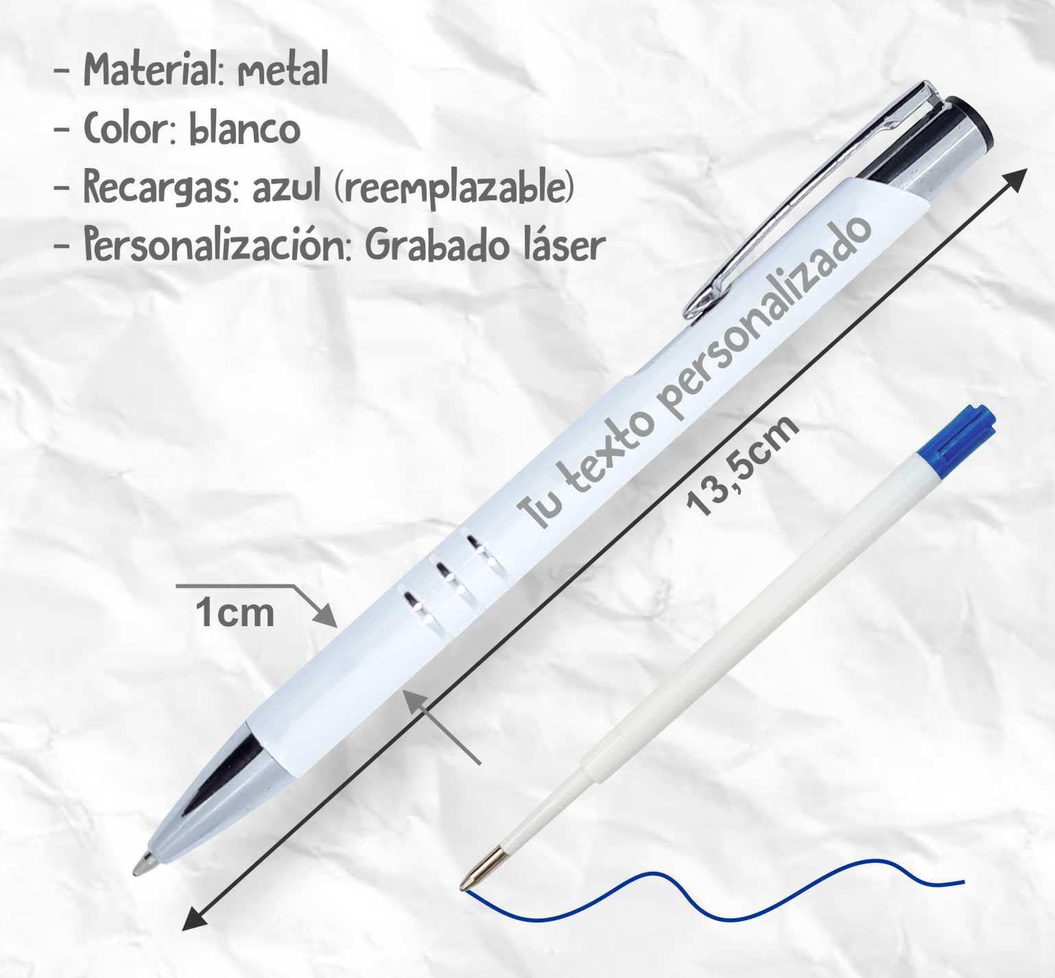 Boligrafos metálico personalizados - Pack de 50 - Perfecto como regalo personalizado para los invitados en bodas, comuniones y cumpleaños, o como bolígrafo promocional. (Blanco)
