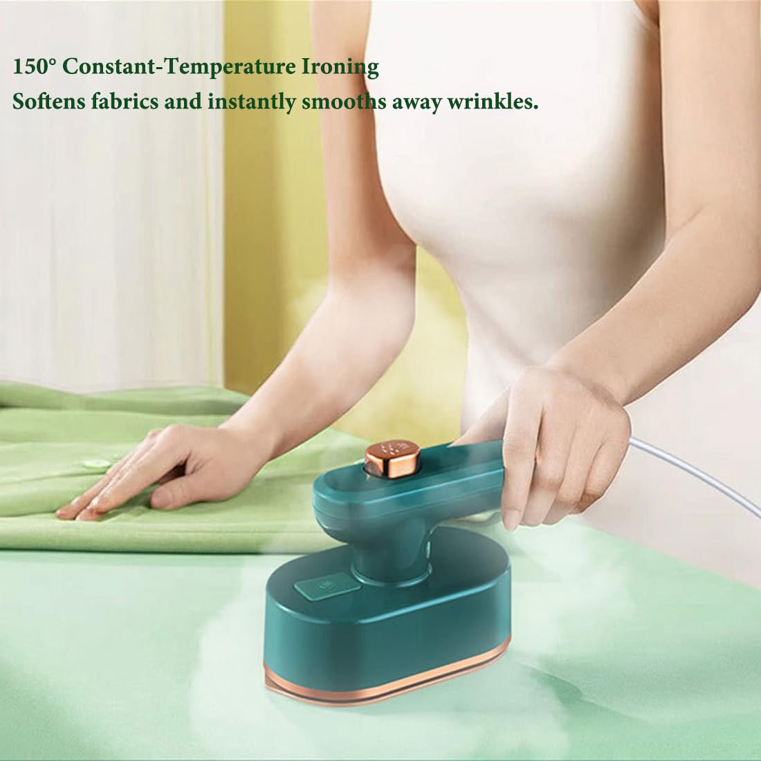 Mini Plancha de Viaje de Vapor - Plancha Vertical Portátil para Ropa con Mango Rotativo a 90° y Suela Antiadherente, Planchado en Seco y Húmedo para Vacaciones, Costura y Manualidades (White+Green,EU)