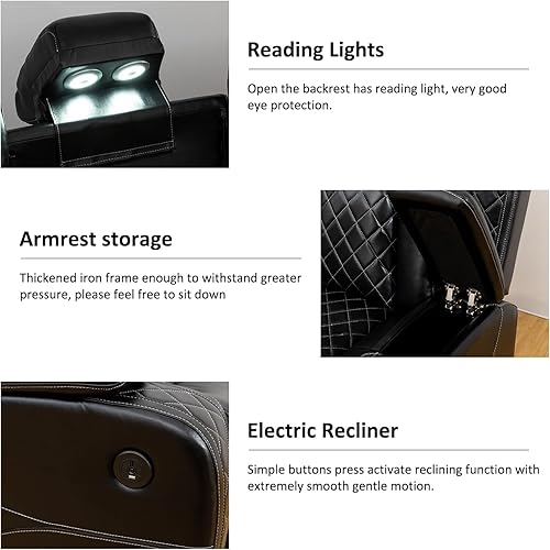 Miniatura 3 de Juego de sofá reclinable eléctrico multifunción con luz LED, consola de almacenamiento, portavasos, puerto de carga USB (3 piezas, negro)