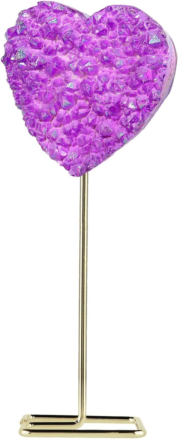 Amogeeli Heart Shaped Titanium Coated Rock Crystal Cluster with Stainless Steel Metal Stand, Love Heart Crystal Stone Specimen Decoration for Home & Office, Purple