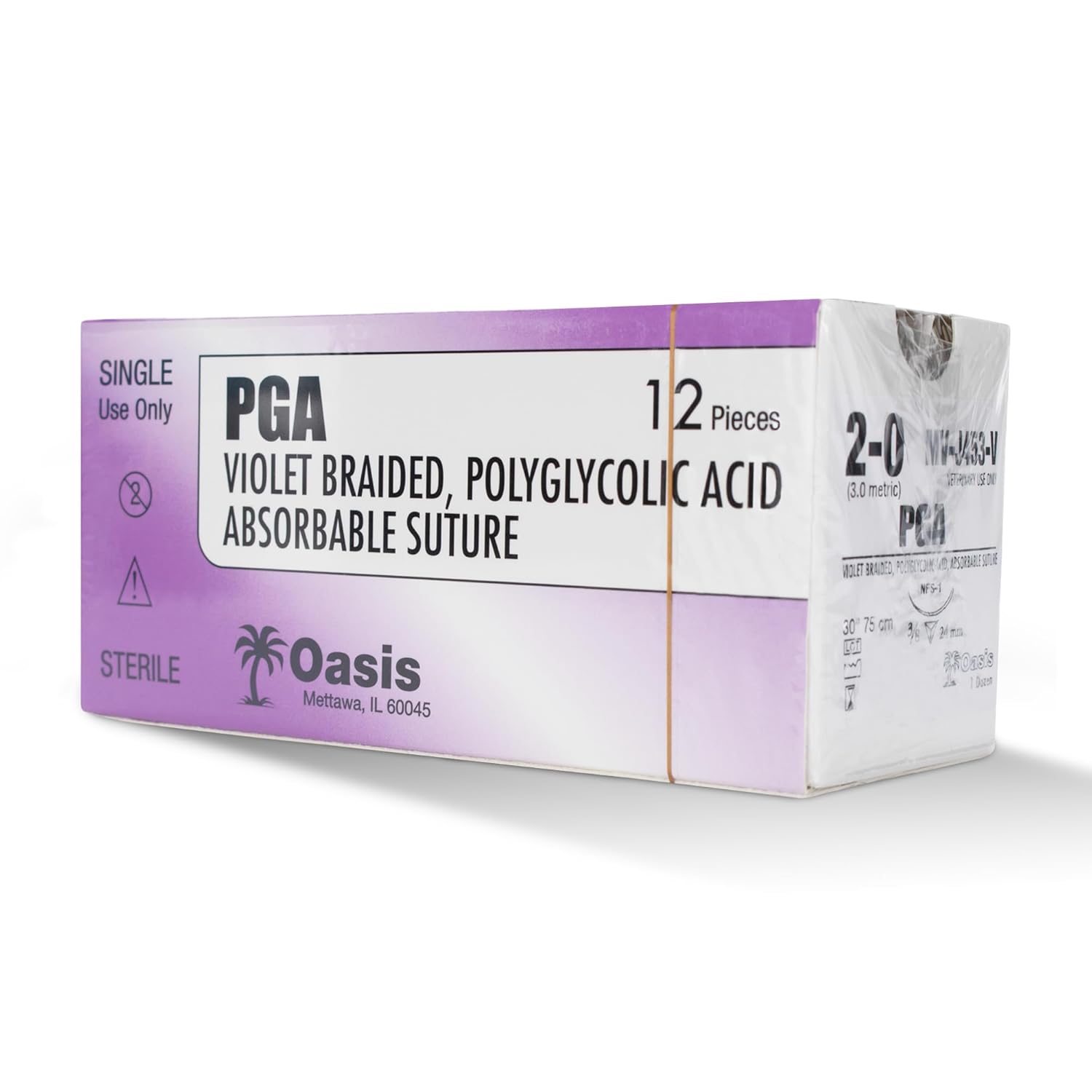 Oasis Vet PGA (Polyglycolic Acid) Surgical Suture, 2-0, (FS-1) 3/8 24mm Reverse Cutting Needle, 75cm, 12/Box, Veterinary Use